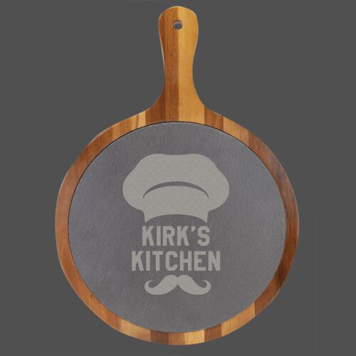 10 1/2" x 14 1/2" Round Acacia Wood/Slate Serving Board with Handle Thumbnail